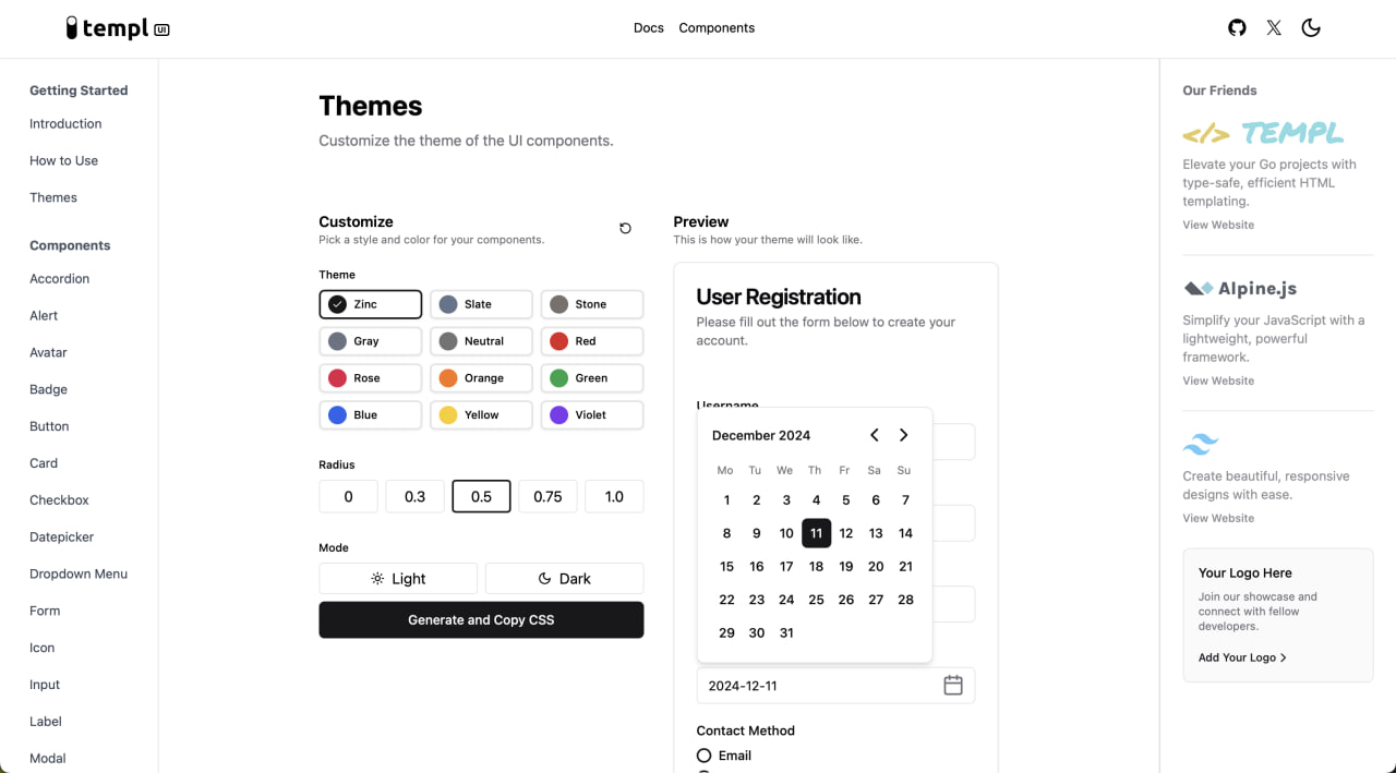 企业级 UI 组件库 templUI 让开发快如闪电